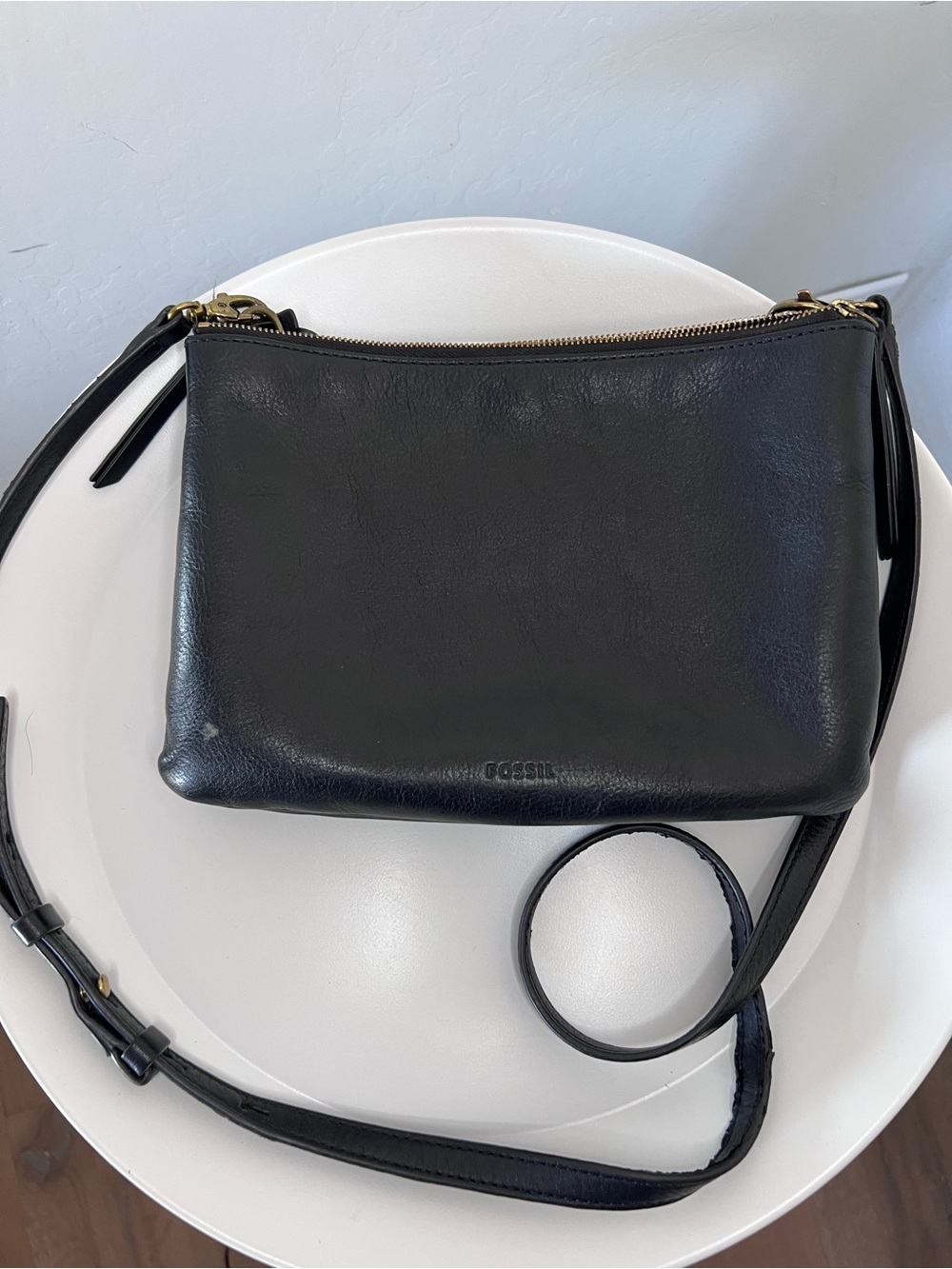 Fossil Black Leather Crossbody Bag with Gold Hardware